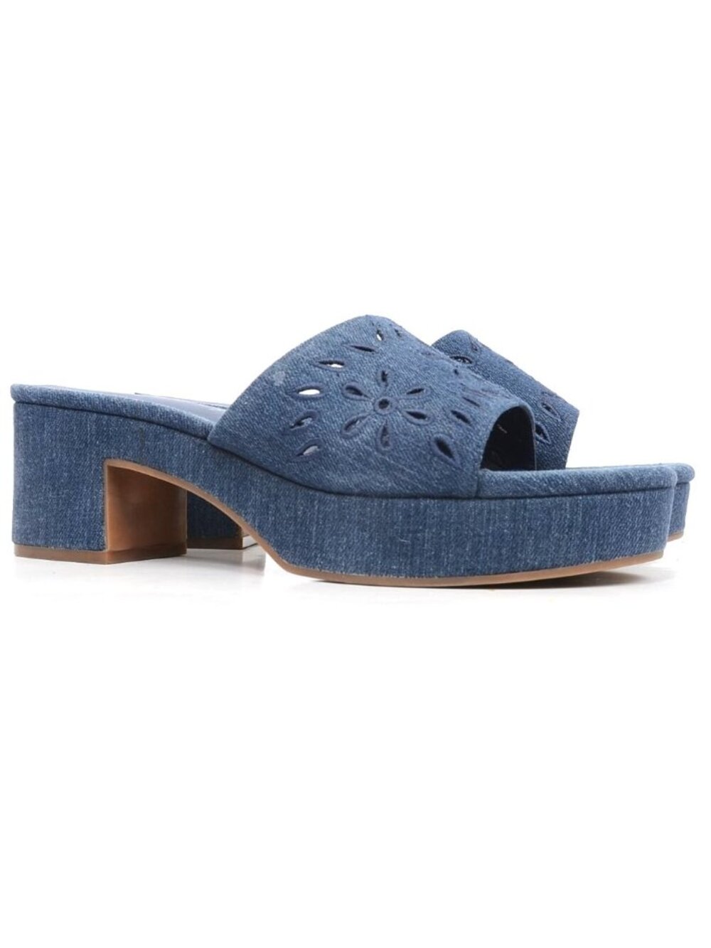 Copper Key Women 11 Blue Denim Eyelet Open Toe Chunky Vacay Wedge Slide Sandals